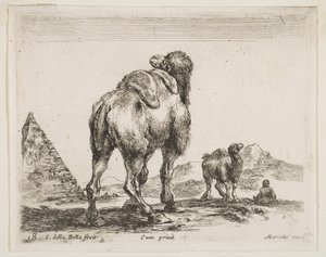 Levha 18: devenin arkadan görünüşü, piramit solda, çeşitli hayvanlardan Dalgıç..., yakl. 1641. by Stefano della Bella