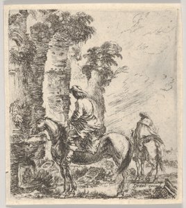 Levha 19: soldaki bir çeşmenin leğeninden atına su içiren bir binici, başka bir h..., yakl. 1646. by Stefano della Bella