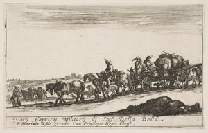 Levha 1: İnsanları ve eşyaları taşıyan bir at arabası, ön planda ölü at, f..., yakl. 1641. by Stefano della Bella