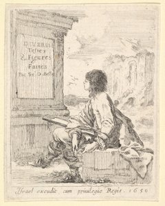 Levha 1: Bir taşın üzerinde oturan, profilde sola dönük, çizim defteri tutan genç bir adam ..., 1650. by Stefano della Bella