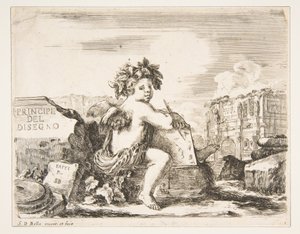 Plaka 1: çizim dehası, kanatlı bir çocuk, orta dönüşte bir kayanın üzerine oturmuş..., yakl. 1641-43. by Stefano della Bella