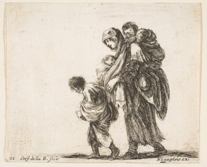 Levha 22: Üç çocuklu bir dilenci kadın, omuzlarında bir çocuk, bir çocuk..., yakl. 1644-47. by Stefano della Bella