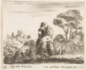 Levha 24: Bir atın tepesindeki çoban, arkadan görülüyor, sığırlarını bir tepeden aşağı sürüyor, ..., yakl. 1644-47. by Stefano della Bella