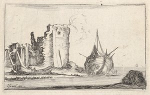 Plaka 2: Sağda bir gemi ve solda bir kayık, kıyıya vurmuş, harabeye dönmüş bir kule b..., ca. 1642. by Stefano della Bella