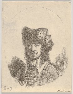 Plaka 2: Bıyıklı ve kürk şapkalı, sola bakan bir adam başı, oval bir kompozisyon,..., 1650. by Stefano della Bella