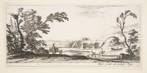 Levha 3: bir nehri sağa doğru geçen iki atlı, bir eşeğin tepesinde iki sepetli bir kadın..., yakl. 1641. by Stefano della Bella