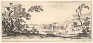 Levha 3: bir nehri sağa doğru geçen iki atlı, bir eşeğin tepesinde iki sepetli bir kadın..., yakl. 1641. by Stefano della Bella
