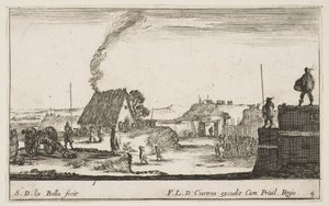Levha 4: Sağ tarafta bir korkuluk üzerinde duran bir askerin bulunduğu bir askeri kamp yeri..., yakl. 1641. by Stefano della Bella