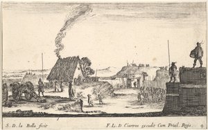 Levha 4: Sağ tarafta bir korkuluk üzerinde duran bir askerin bulunduğu bir askeri kamp yeri..., yakl. 1641. by Stefano della Bella