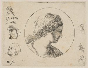 Plaka 4: Profildeki Bir Kadının Başı, çeşitli karalamalar ve et..., ca. 1646. by Stefano della Bella