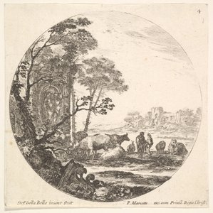 Levha 4: Ön planda solda yerde bir Korint sütun başlığı, bir anıt w..., ca. 1643-48. by Stefano della Bella