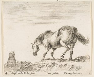 Levha 4: Sola bakan profilde bir at, bir höyükten inmek üzere, bir at..., yakl. 1644-47. by Stefano della Bella