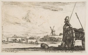 Plaka 5: Bir topun hemen yanında duran bir Mızrakçı, diğer askeri figürler..., yakl. 1641. by Stefano della Bella