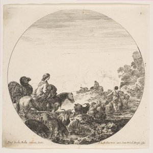 Levha 5: Solda at üzerinde bir çocuk taşıyan bir kadın, onu takip eden bir deve, bir sürü..., yakl. 1646. by Stefano della Bella