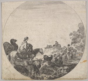 Levha 5: Sola atlı bir çocuk taşıyan bir kadın, onu takip eden bir deve, bir sürü..., yakl. 1643-48. by Stefano della Bella