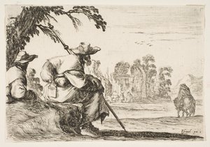 Levha 5: Solda şapkalı iki hacı, arkadan görülüyor, bir atlı savaşa gidiyor..., 1642. by Stefano della Bella