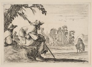 Levha 5: Solda şapkalı iki hacı, arkadan görülüyor, bir atlı savaşa gidiyor..., 1642. by Stefano della Bella