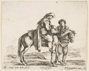 Levha 6: profilde at sırtında, sağa bakan, bir sepet tutan bir köylü ve..., yakl. 1644-47. by Stefano della Bella