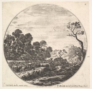 Plaka 6: Bir vadiyi geçen inekler sola, bir grup ağaç sola, bir atlı ve o..., yakl. 1643-48. by Stefano della Bella