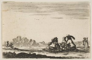 Levha 7: Ortada oturan, arkadan görülen, soylu bir kadın denizle sohbet eden iki soylu..., 1642. by Stefano della Bella