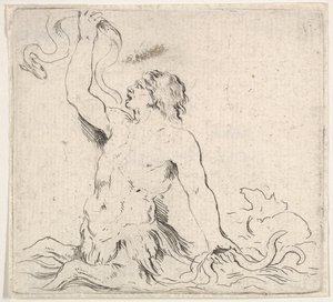 Levha 7: suda bir triton, yüzü sola dönük, sağ elinde bir yılan balığı tutuyor ve..., yakl. 1646. by Stefano della Bella