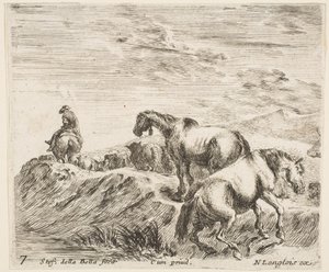 Levha 7: Sağda bir nehir kıyısına tırmanan iki at, bir geçit törenini takip ediyor ..., yakl. 1644-47. by Stefano della Bella