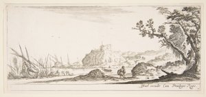 Levha 7: kıyıda sola doğru çeşitli tekneler, arkadan görülen bir çanta taşıyan bir adam ve ..., yakl. 1641. by Stefano della Bella