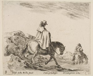 Plaka 8: bir süvari nehir kıyısına iner, nehirde başka bir atlı sağa doğru, ..., ca. 1644-47. by Stefano della Bella