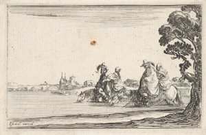 Levha 8: Sağda şapkalı iki atlı, her birinin arkasında oturan bir kadın..., yakl. 1642. by Stefano della Bella