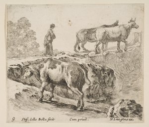 Plaka 9: bir banka tırmanan bir inek, bir köprüden iki ineği geçiren köylü bir kadın i..., yakl. 1644-47. by Stefano della Bella