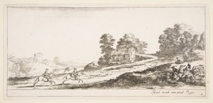 Plaka 9: solda iki atlı sağa doğru yokuş yukarı dörtnala, bir at ve oturan m..., yakl. 1641. by Stefano della Bella