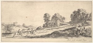 Plaka 9: solda iki atlı sağa doğru yokuş yukarı dörtnala, bir at ve oturan m..., yakl. 1641. by Stefano della Bella