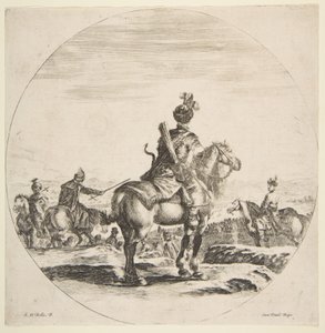 Ok ve yaylı Polonyalı atlı, atı sağa dönük olarak arkadan görülüyor, bir ..., yakl. 1651. by Stefano della Bella