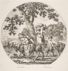 İki keçi ve bir sepet üzümle sola doğru yürüyen Satyr ailesi, yak. 1657. by Stefano della Bella