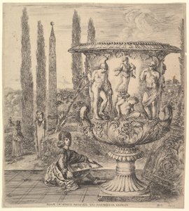 Medici vazosu, sağda büyük bir vazo, kurbanın temsili ile süslenmiştir..., 1656. by Stefano della Bella