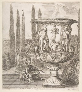 Medici vazosu, sağda büyük bir vazo, kurbanın temsili ile süslenmiştir..., 1656. by Stefano della Bella