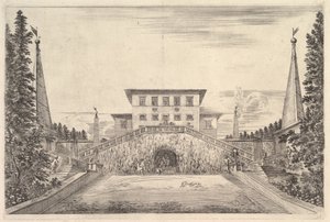 Dört dikilitaşla çevrili merkezdeki villa, her iki tarafa da bir merdiven, bir heykel ..., ca. 1653. by Stefano della Bella