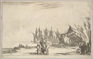 Merkezde şapkalı üç adam ayakta, bir gemiyi sağa sabitleyen adamlar, beş gemi ve çeşit..., 1639. by Stefano della Bella