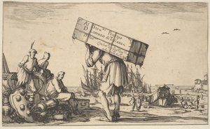 Başlık sayfası: ortada sırt çantası taşıyan bir adam, ona bakan üç adam ..., 1639. by Stefano della Bella