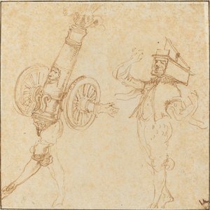 Maskeli Balo Kostümlü İki Adam: Top Atışı ve Fare Kapanı İçinde Bir Kedi, c. 1645. by Stefano della Bella