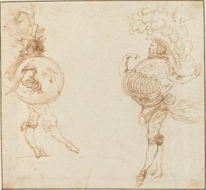 Maskeli Balo Kostümlü İki Adam: Dünya ve Geçit Töreni Miğferi, c. 1645. by Stefano della Bella