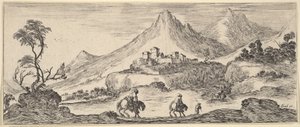 İki atlı ortadaki bir tepeye iner, yürüyerek başka bir adamı takip eder, ..., ca. 1641. by Stefano della Bella