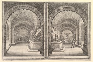 Bir mağaranın iki görünümü, her ikisinde de oturmuş bir heykeli olan bir çeşme, ..., ca. 1653. by Stefano della Bella