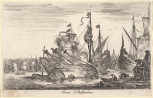 Amsterdam limanının görünümü Veue dAmsterdam, kayıklardaki adamlar merkezde bir gemide çalışıyor..., 1647. by Stefano della Bella