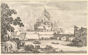 Tiber nehrinin görünümü, solda büyük bir ağaç, önde iki grup kadın..., ca. 1656. by Stefano della Bella