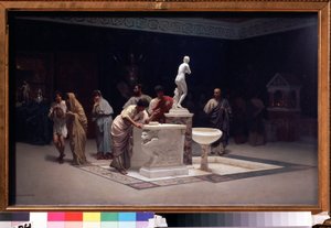 Dans le fuaye des Maecena (Caius Cilnius Maecenas (ou Mecene) (vers 70 avant JC-8 avant JC) (Maecenas' Fuayesinde) Tablo Stepan Vladislavovich Bakalovich (1857-1947). Huile sur toile, 45 x 72.7 cm
