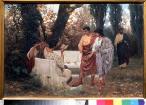 Romalı şair Catullus (MÖ 87-54) şiirini okuyor (Romalı şair Catullus şiirini okuyor). Stepan Vladislavovich Bakalovich'in (1857-1947) tablosu. Tuval üzerine yağlı boya, 26,8 x 39 cm