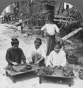 Kadınların içtiği dev puroları yapmak, Burma, 1908 by Stereo Travel Co