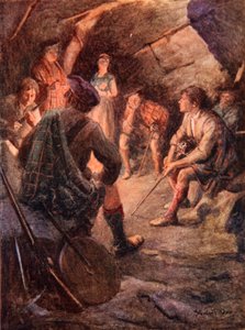 Silahlı Highlanders ateşin etrafında oturup Bonnie Prince Charlie için planlar yapıyor