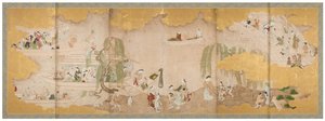 Kiraz Çiçekleri Altında Piknik ve
Nehirde Kayıkla Gezinti, 18. yüzyıl ortaları (Altı panelli ekran çifti; mürekkep, renk ve altın
kağıt üzerinde) by Sukenobu Nishikawa